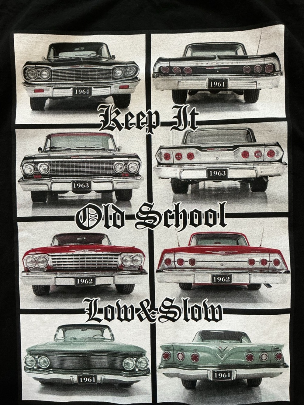 Chevy Impala Chevrolet Keep It Old School Low Slow Lowrider Cars Graphic T-Shirt View 6